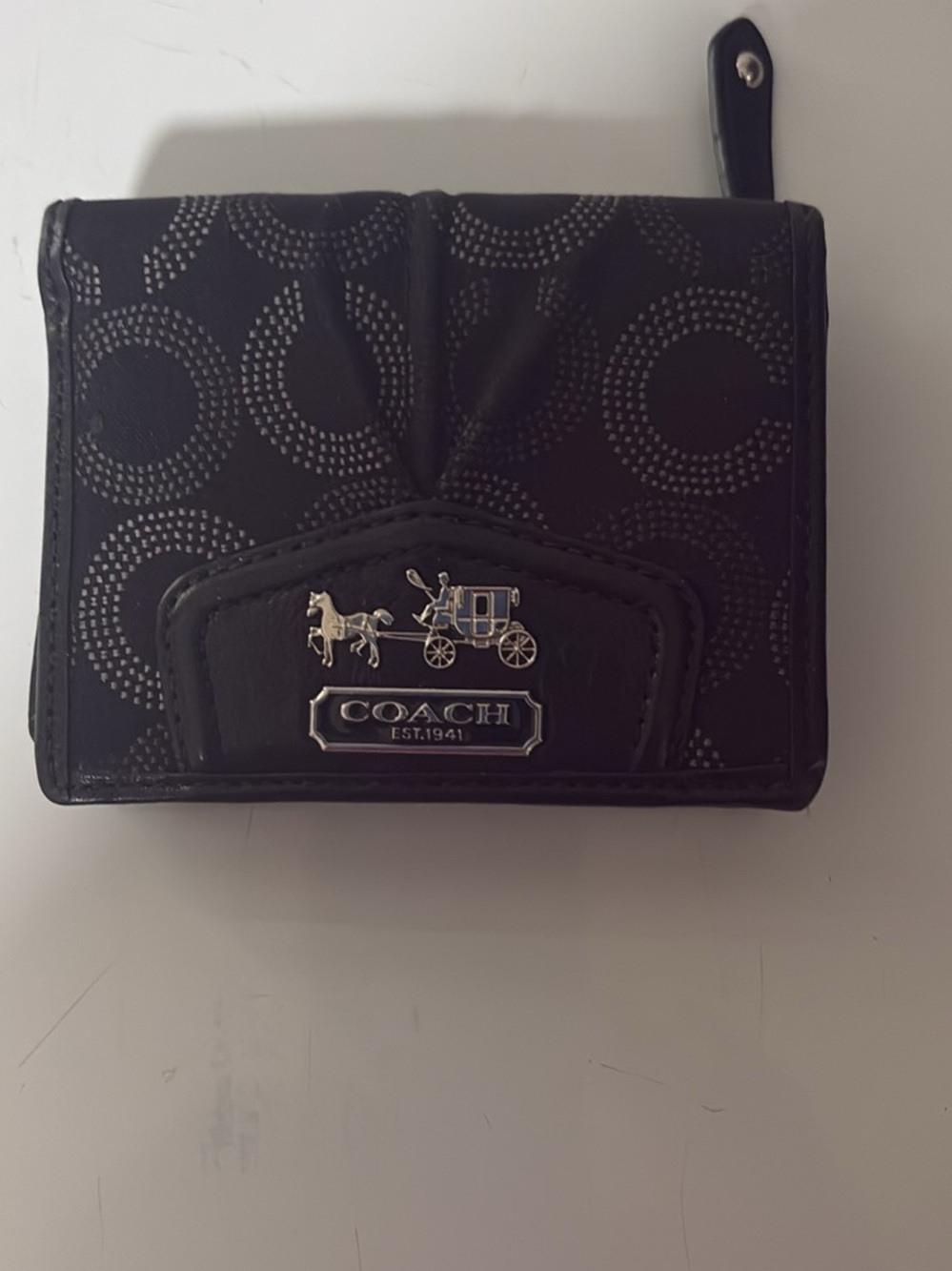 Coach Black Signature Compact Wallet with Silver Horse & Carriage Emblem